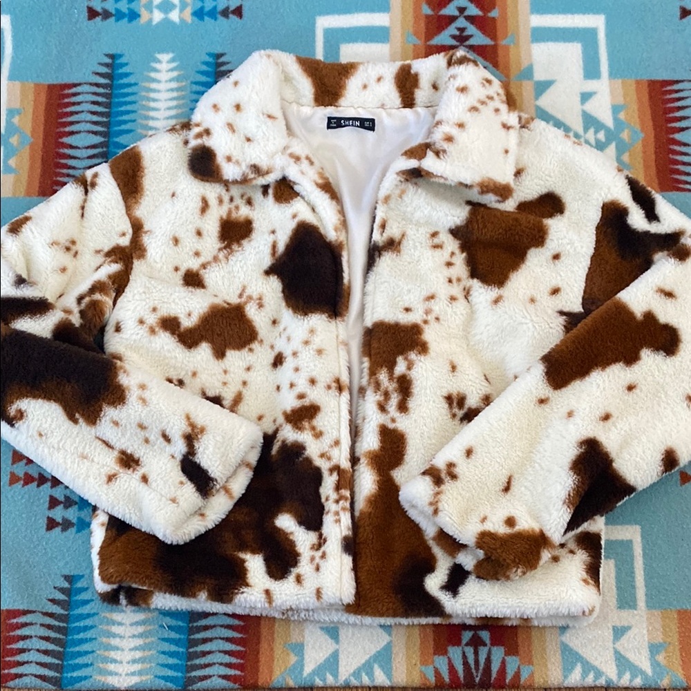 Cowhide Splatter Spot Print Plush Faux Fur Brown Coat Jacket Small Medium